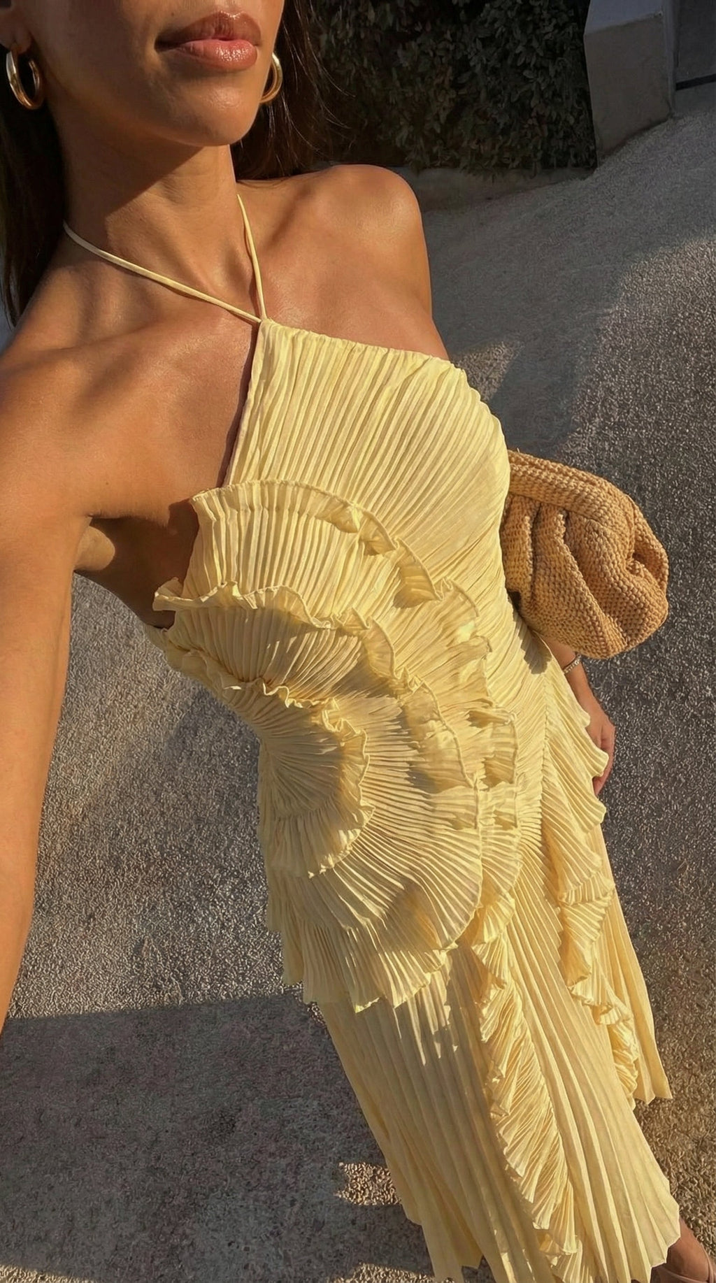 Eloise Pleated Ruffle Halter Maxi Dress - Yellow