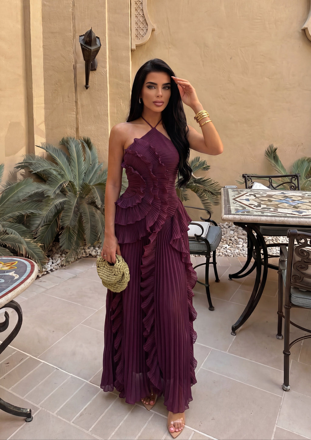 Eloise Pleated Ruffle Halter Maxi Dress - Plum