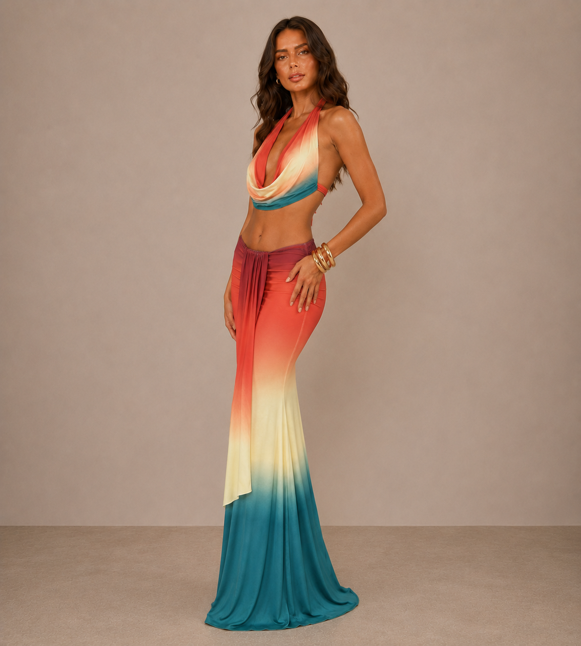 Sienna Ombre Halter Drape Maxi Set