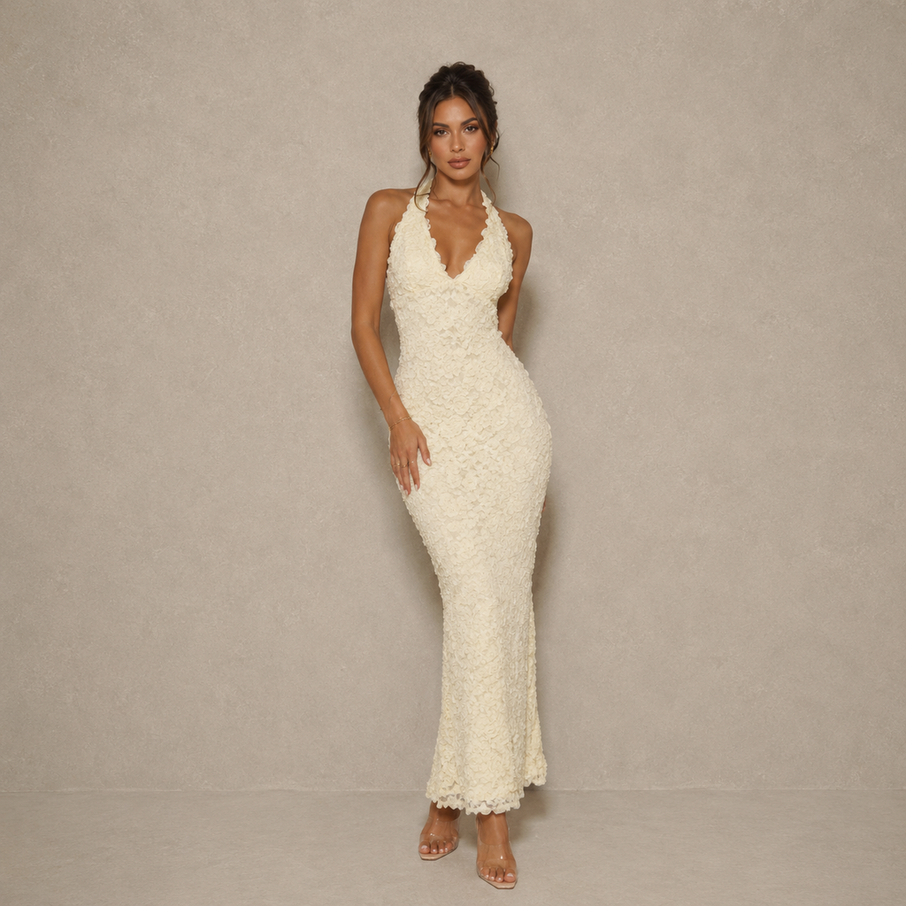Rosalie Lace Halter Slit Maxi Dress - Ivory