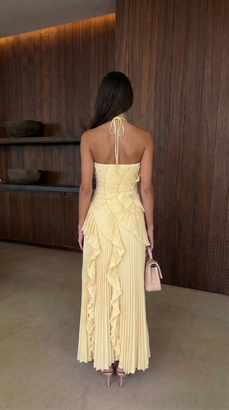 Eloise Pleated Ruffle Halter Maxi Dress - Yellow