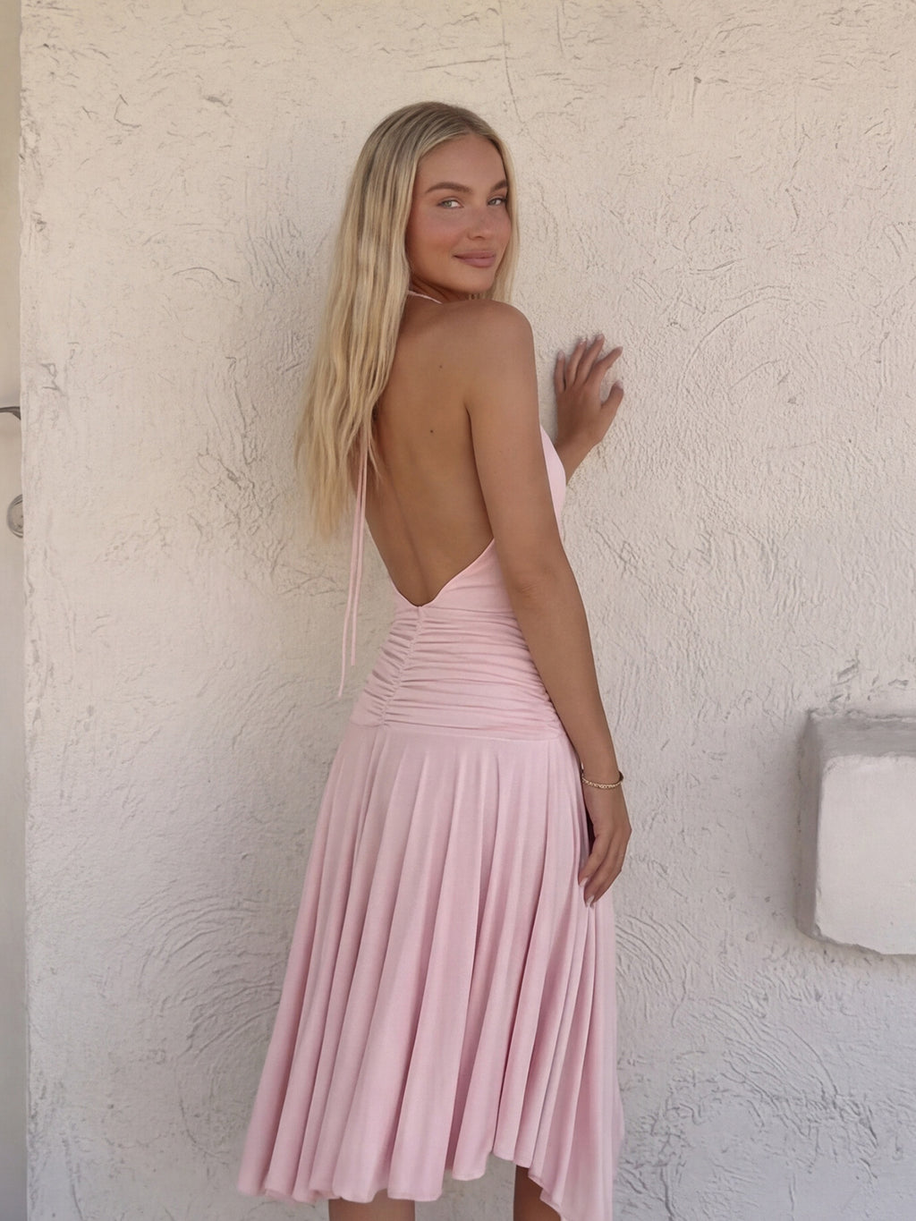 Juliette Blush Pink Plunge Halter Knot Midi Dress