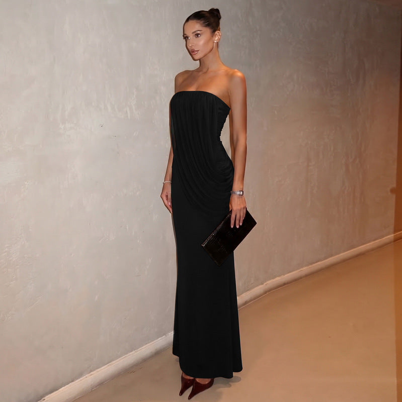Selene Strapless Draped Maxi Dress - Black
