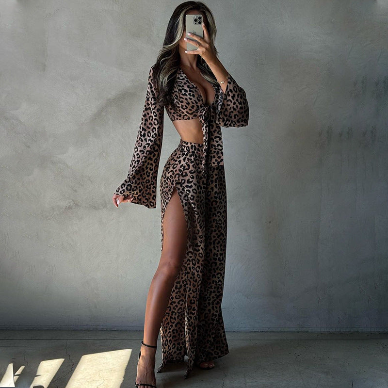 Bianca Leopard Tie-Front Top & Slit Maxi Skirt Set