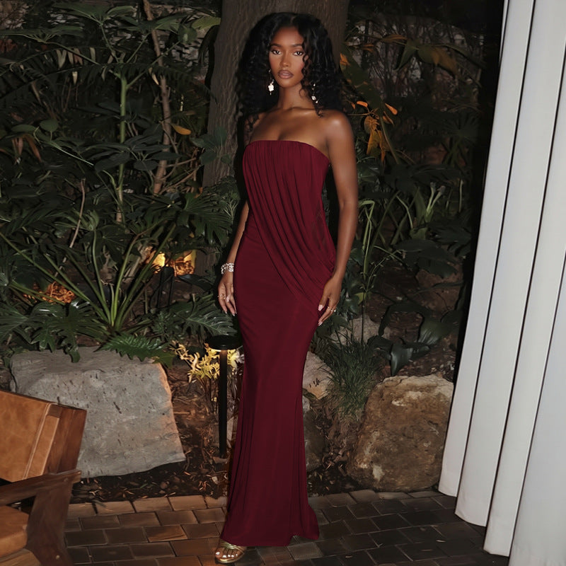 Selene Strapless Draped Maxi Dress - Burgundy