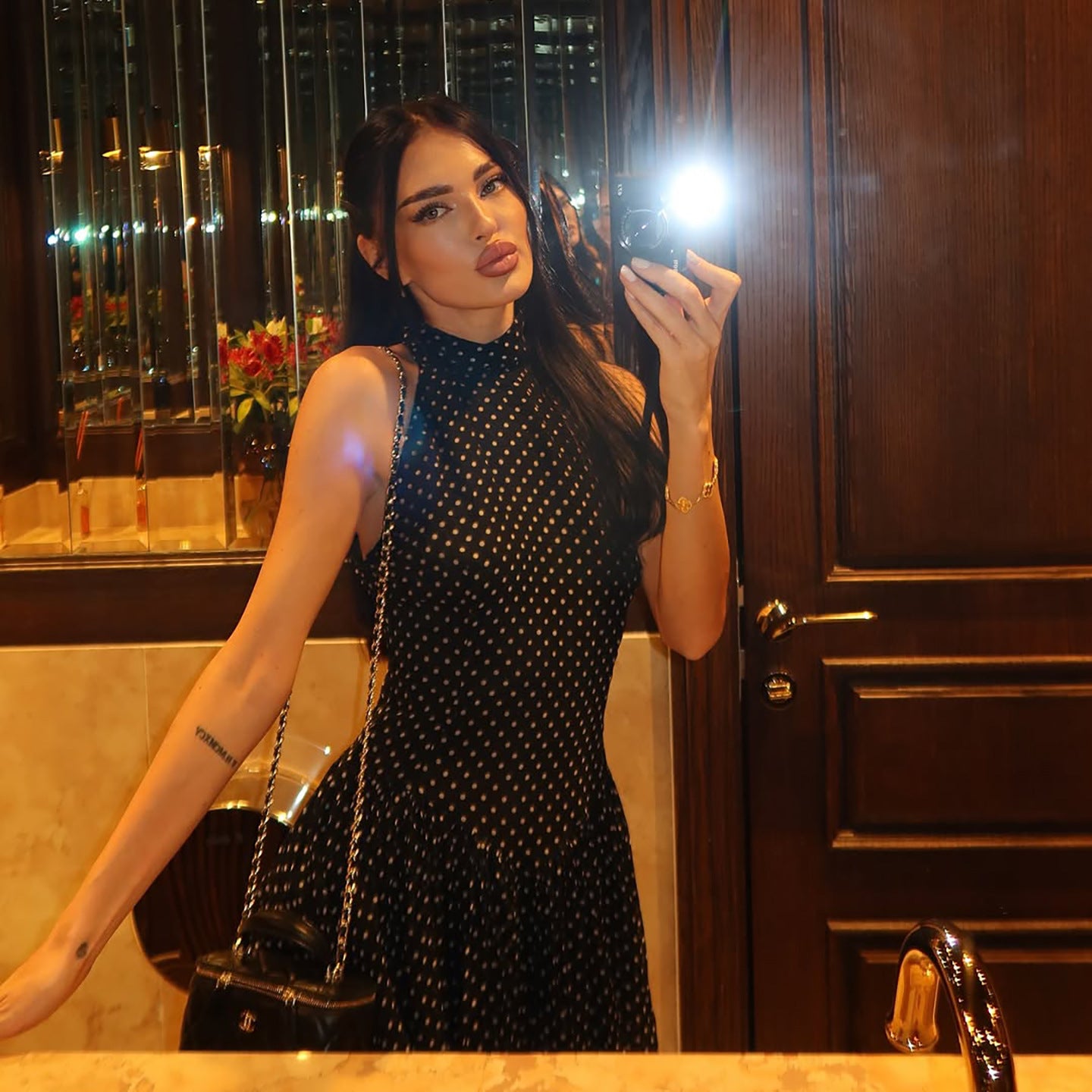 Odette Black Polka Dot High-Neck Mini Dress