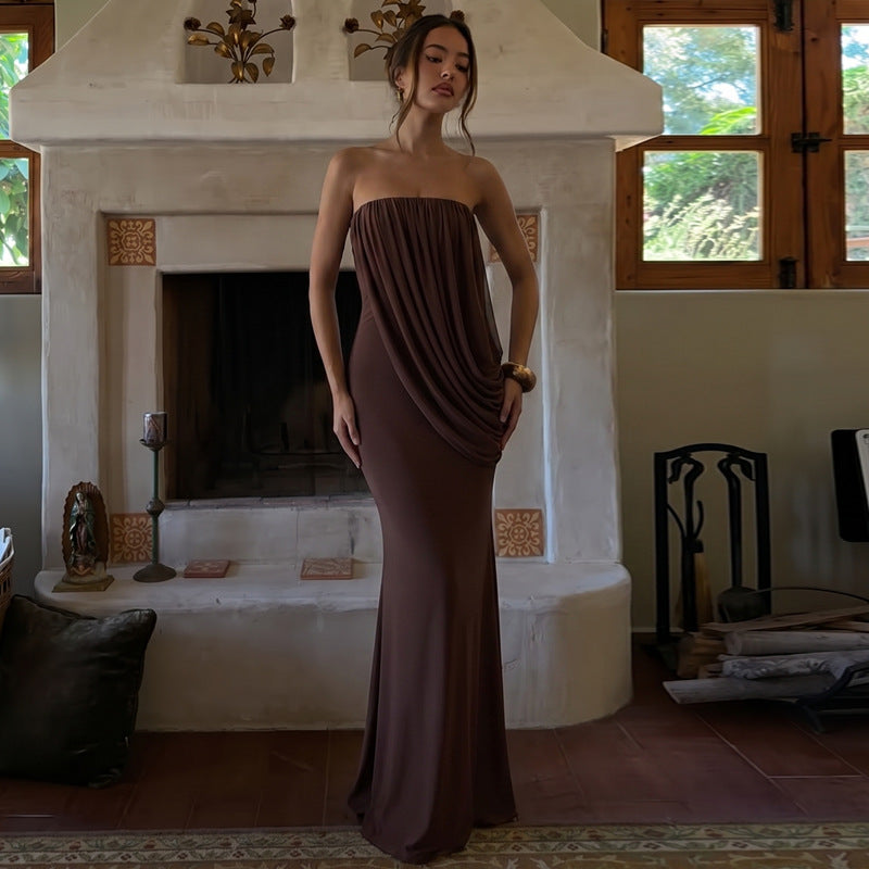 Selene Strapless Draped Maxi Dress - Brown