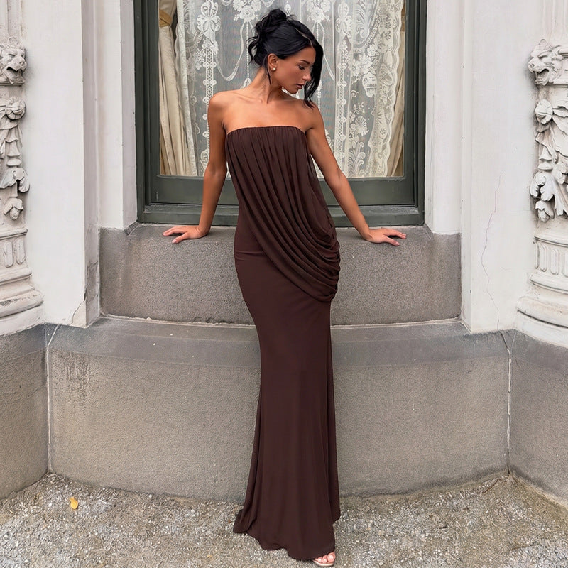Selene Strapless Draped Maxi Dress - Brown