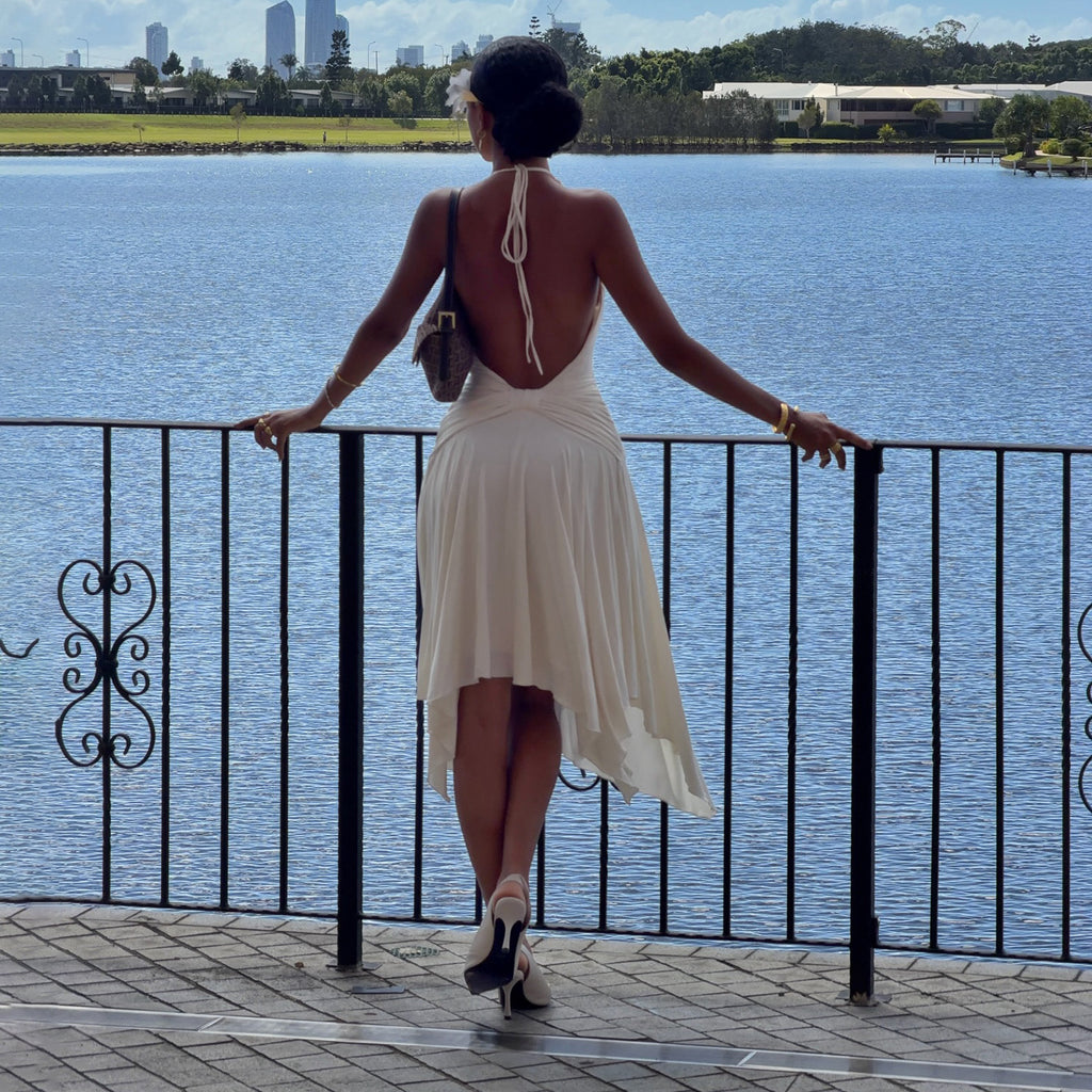 Marielle White Cowl-Neck Open-Back Midi Dress
