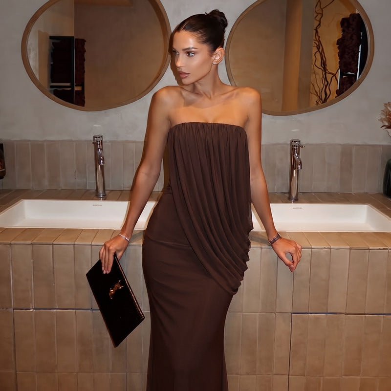 Selene Strapless Draped Maxi Dress - Brown