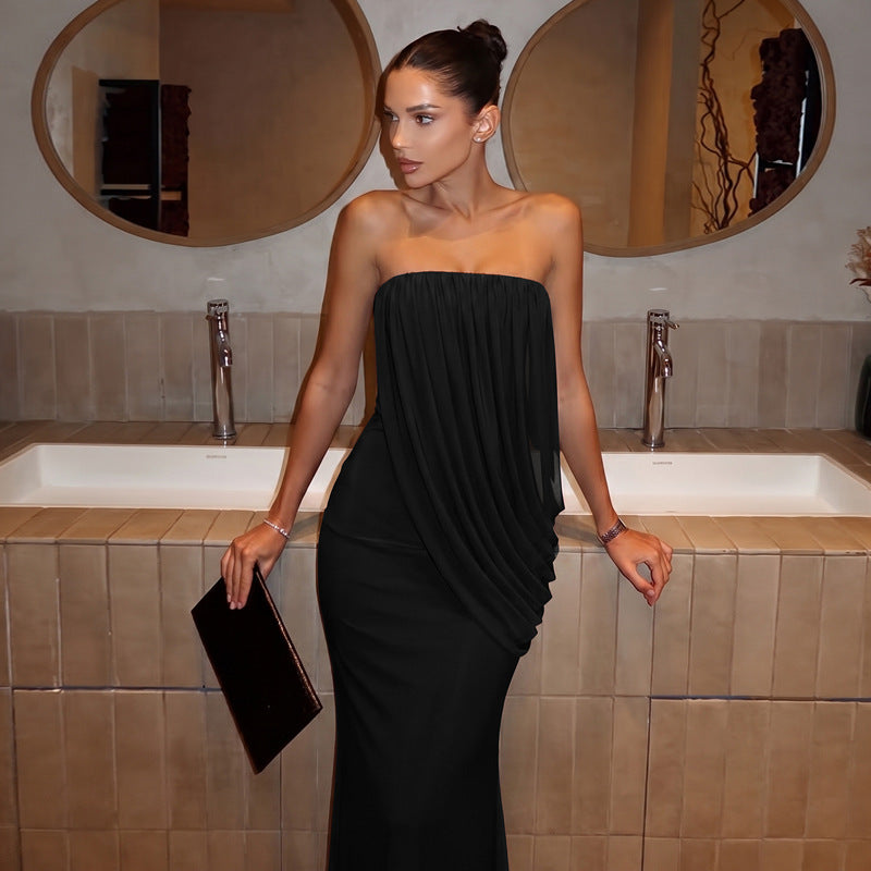 Selene Strapless Draped Maxi Dress - Black