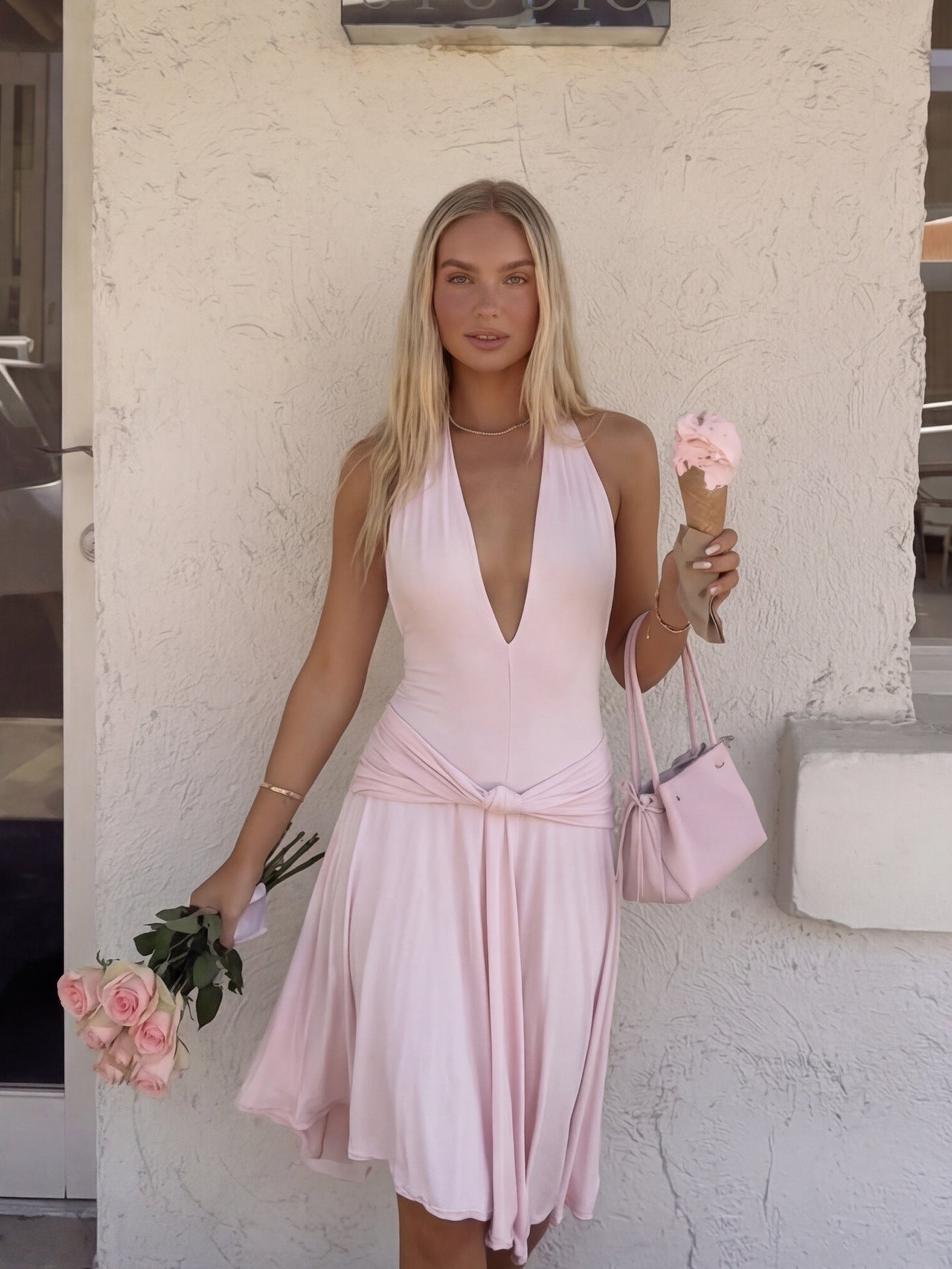 Juliette Blush Pink Plunge Halter Knot Midi Dress