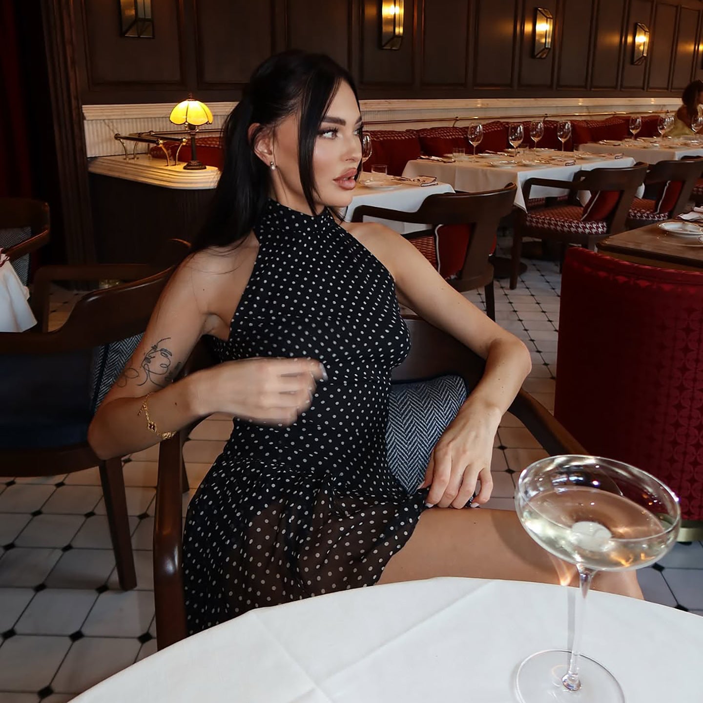 Odette Black Polka Dot High-Neck Mini Dress