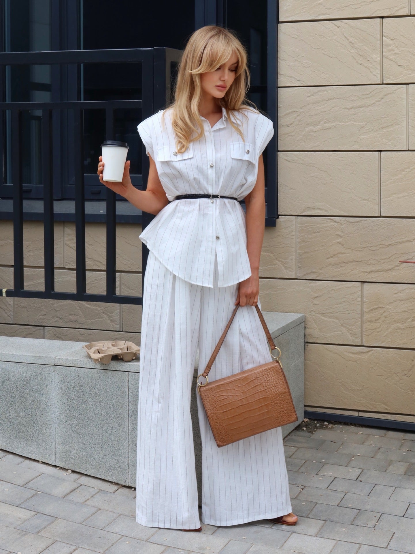 Sloane White Pinstripe Shirt & Wide-Leg Pants Set