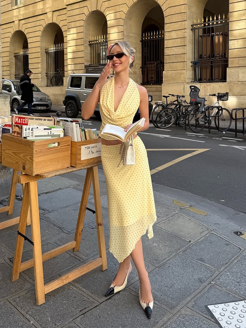 Celine Butter Yellow Polka Dot Halter Top & Midi Skirt Set