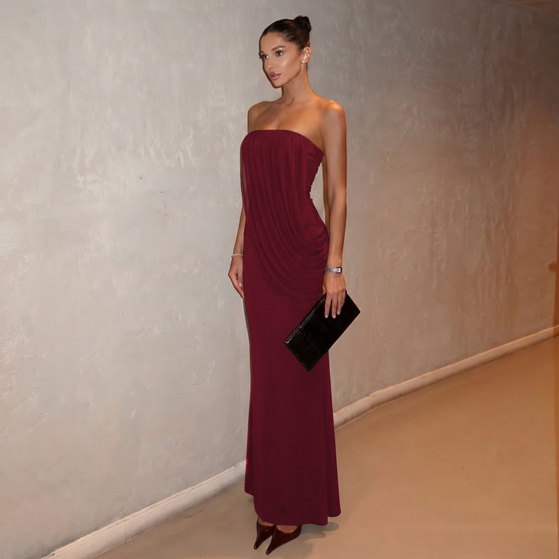 Selene Strapless Draped Maxi Dress - Burgundy