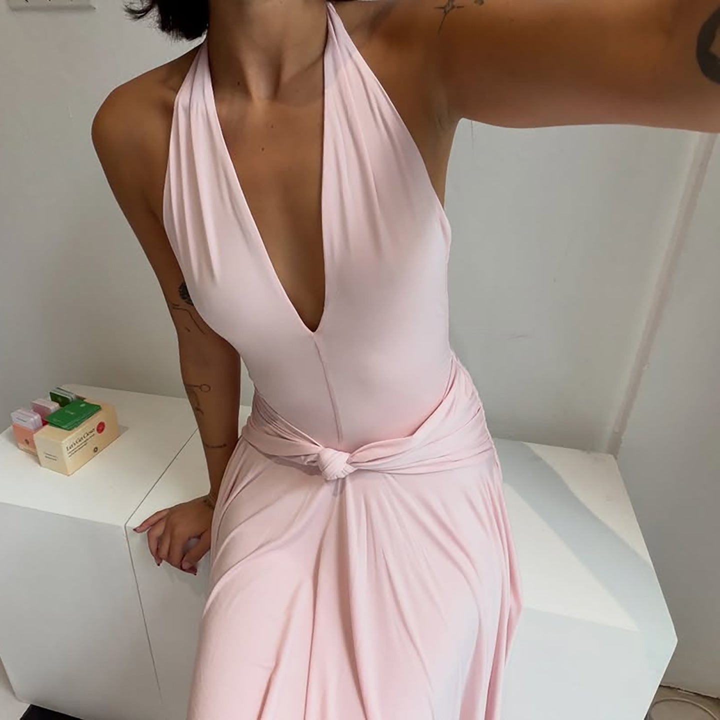 Juliette Blush Pink Plunge Halter Knot Midi Dress