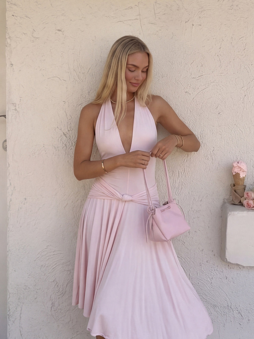 Juliette Blush Pink Plunge Halter Knot Midi Dress