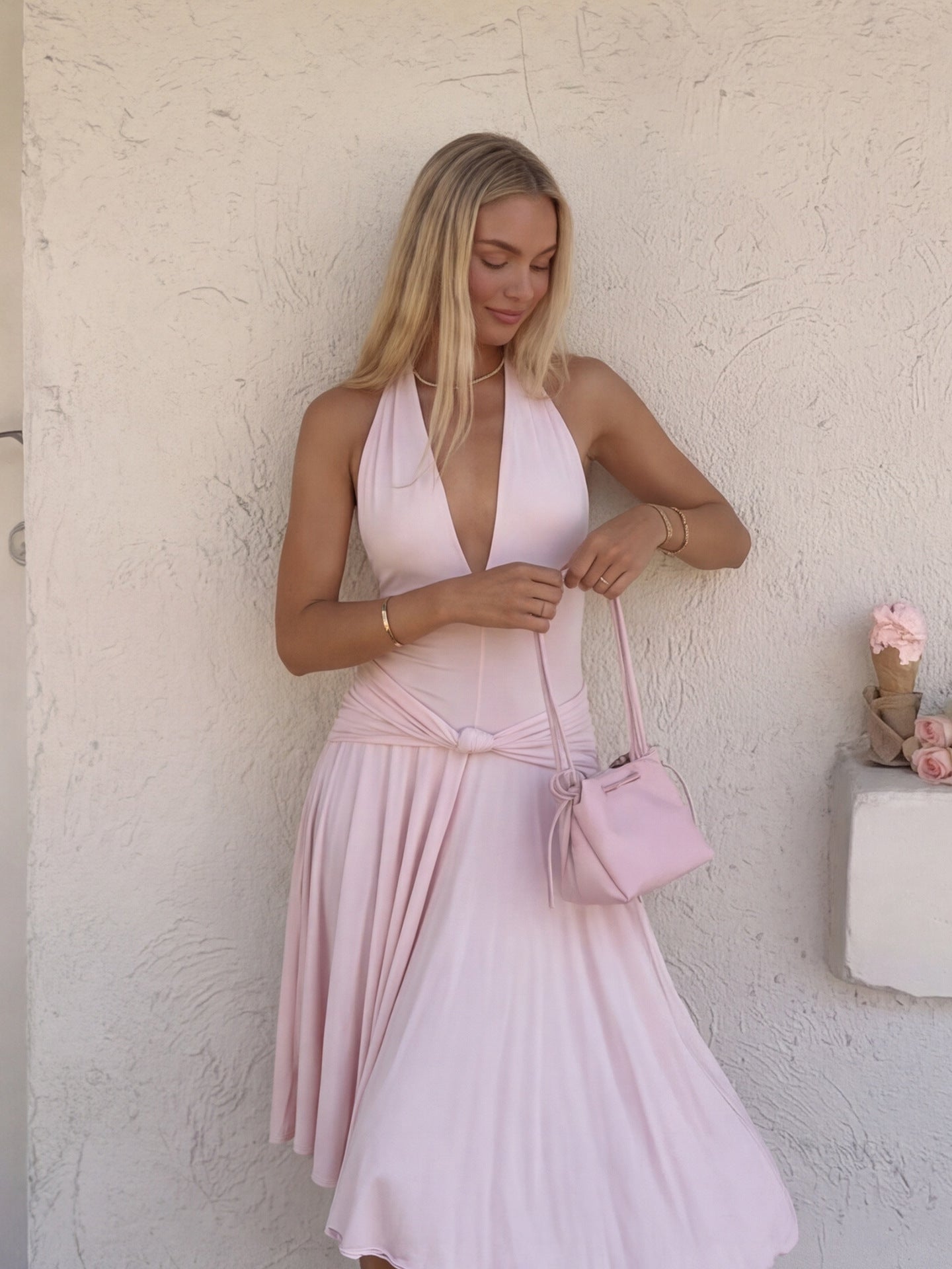 Juliette Blush Pink Plunge Halter Knot Midi Dress