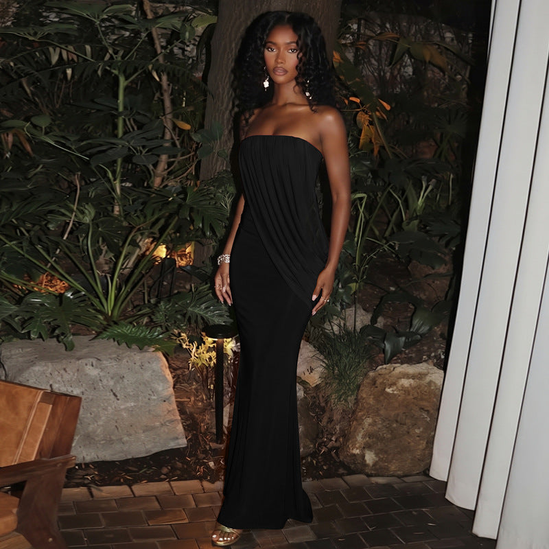 Selene Strapless Draped Maxi Dress - Black