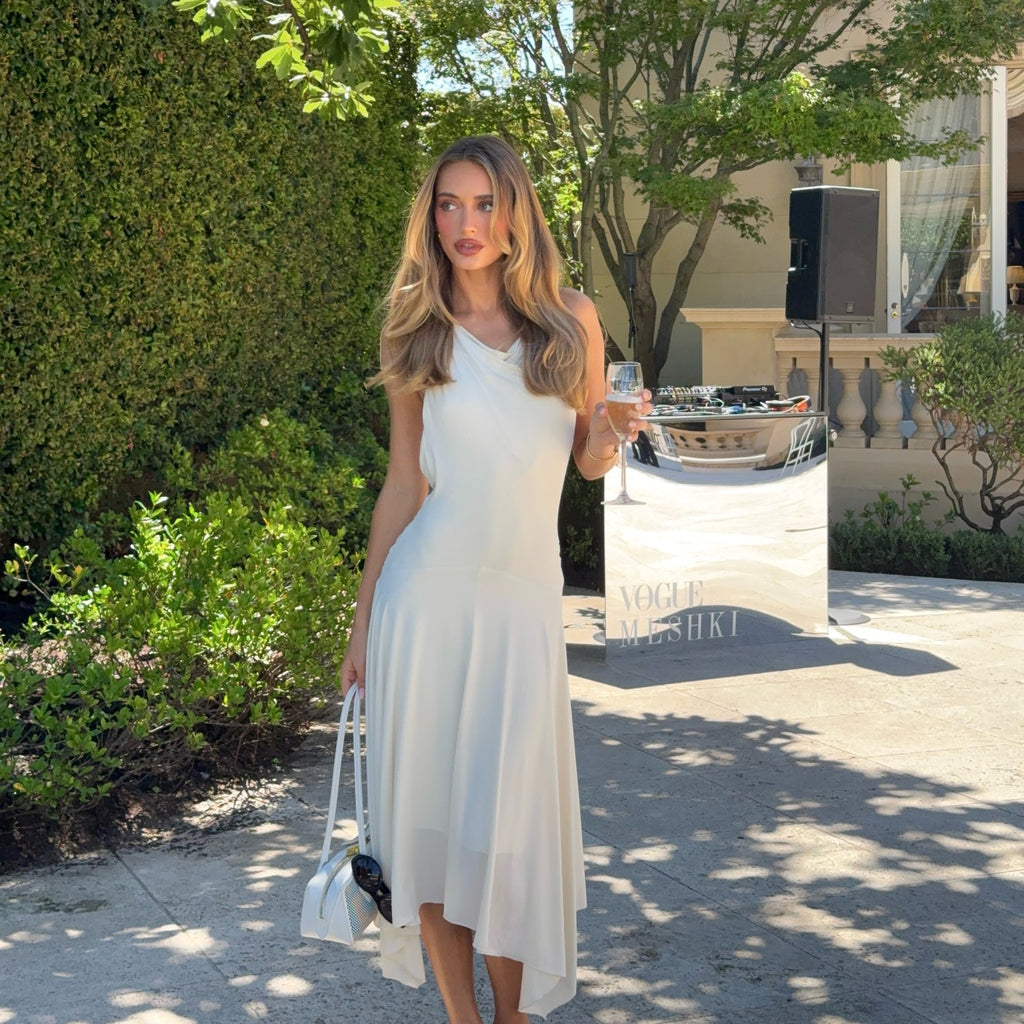 Marielle White Cowl-Neck Open-Back Midi Dress