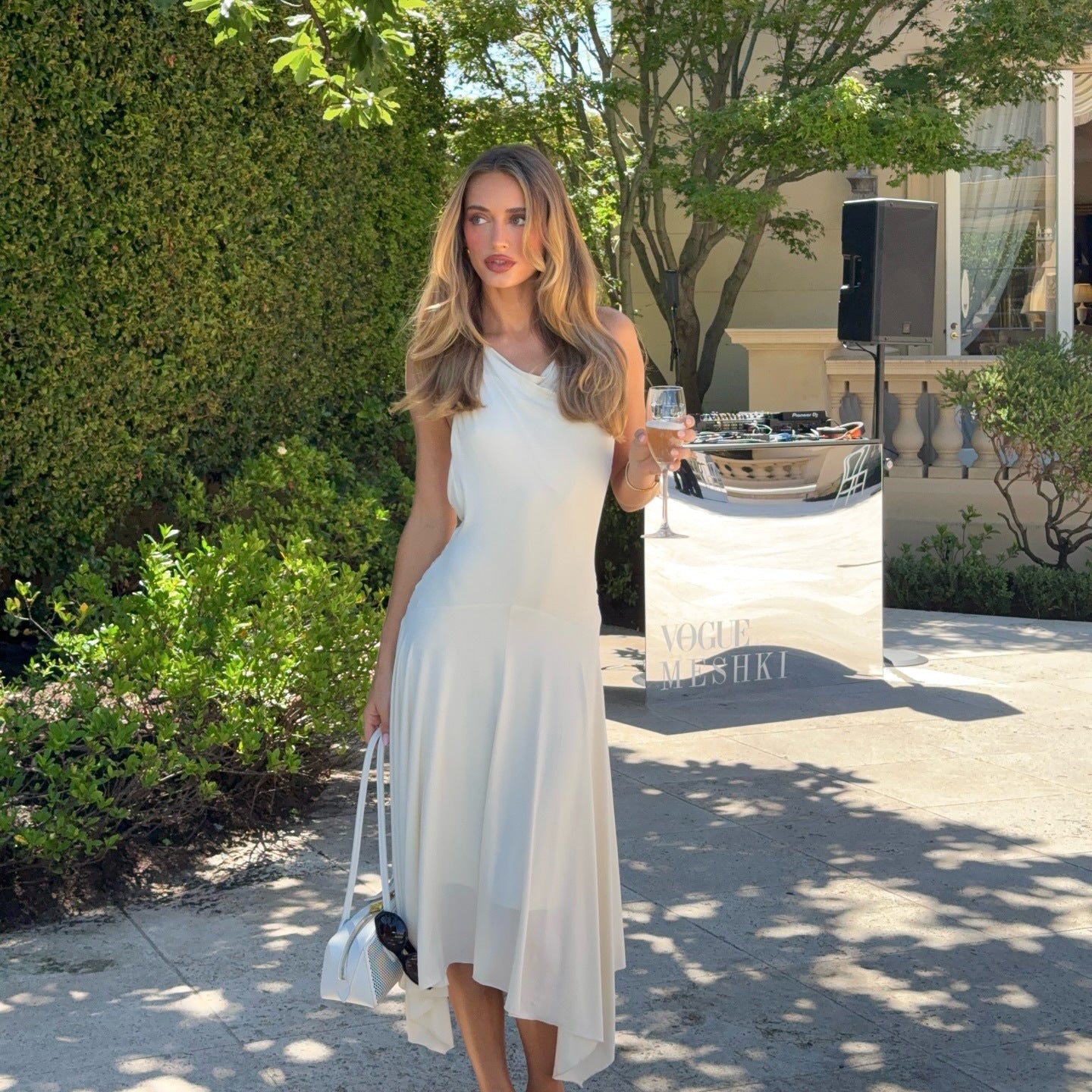 Marielle White Cowl-Neck Open-Back Midi Dress