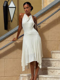 Marielle White Cowl-Neck Open-Back Midi Dress