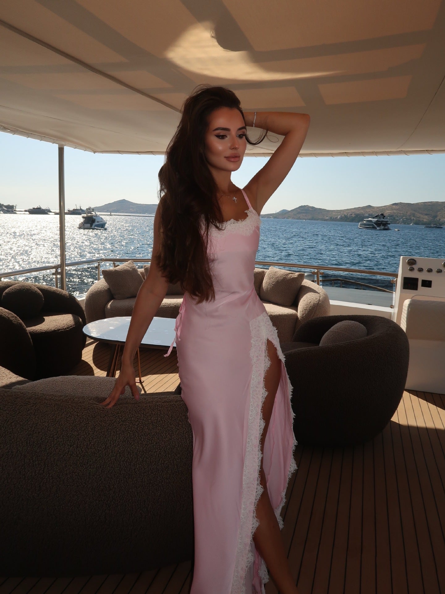 Amara Pink Lace-Trim Satin Slit Maxi Dress