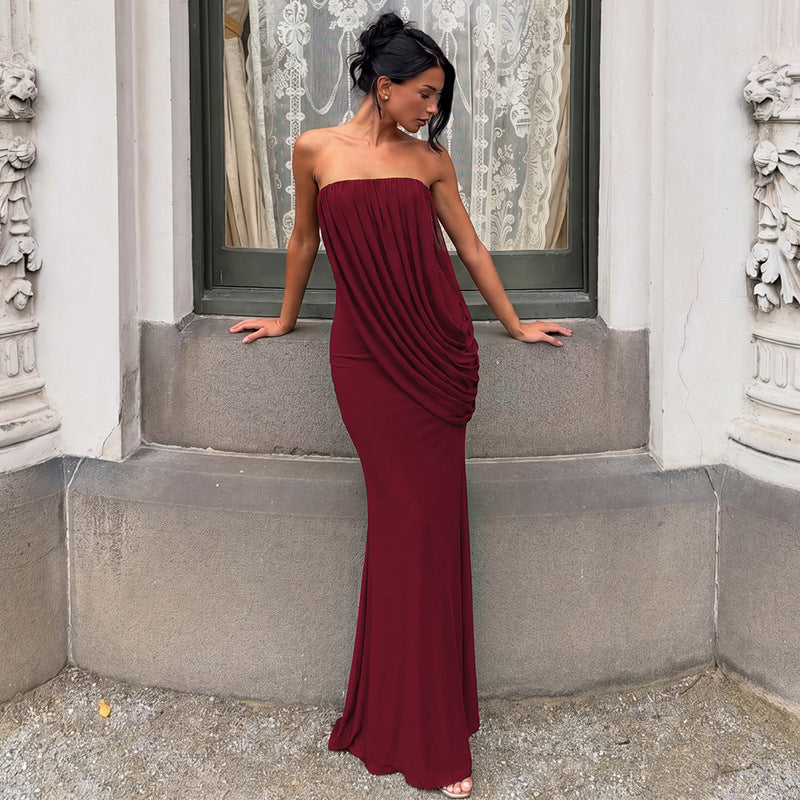 Selene Strapless Draped Maxi Dress - Burgundy