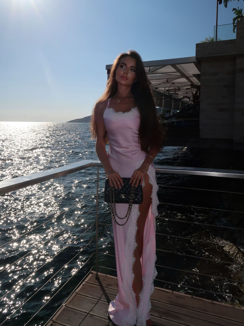 Amara Pink Lace-Trim Satin Slit Maxi Dress