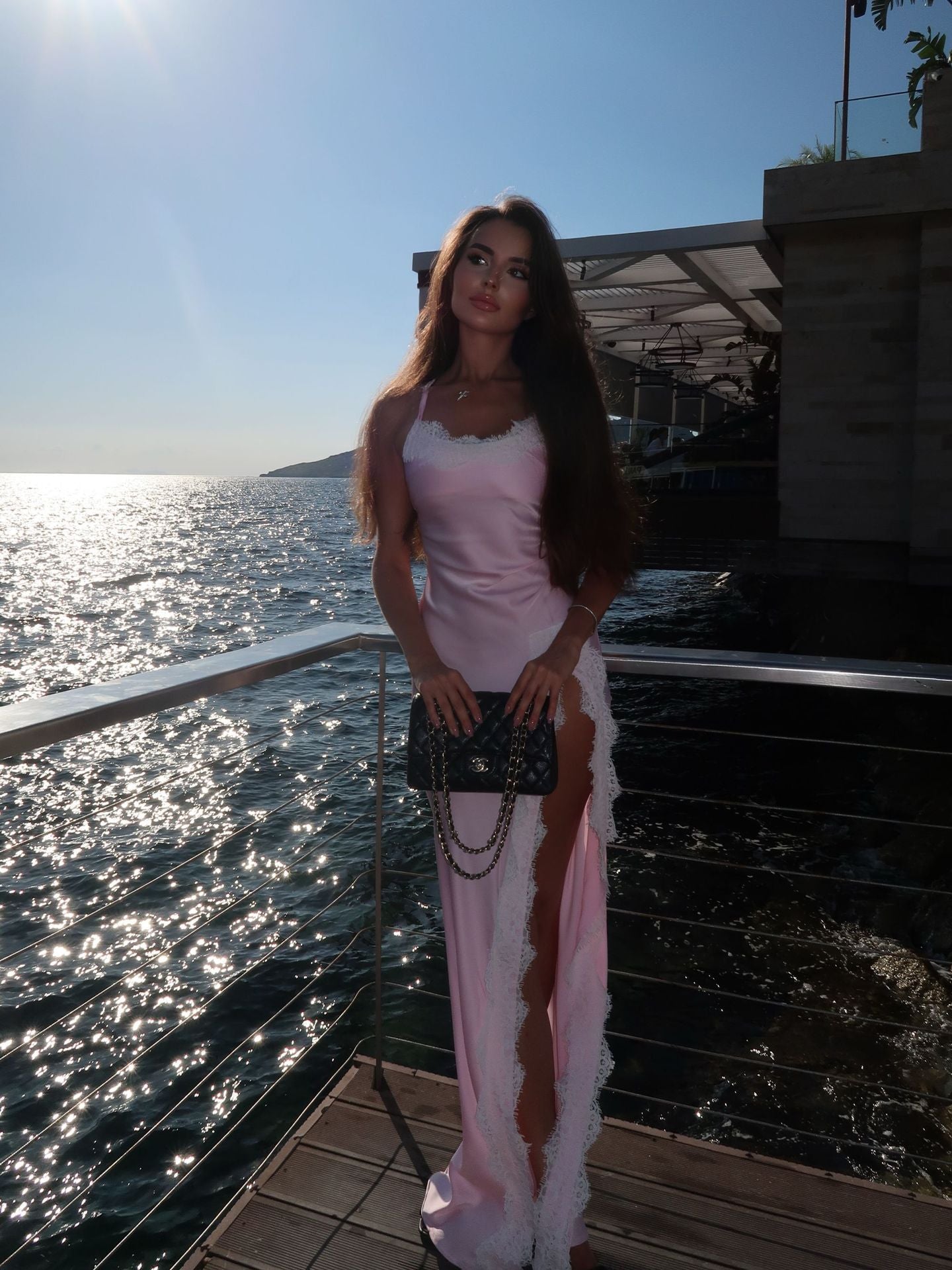Amara Pink Lace-Trim Satin Slit Maxi Dress