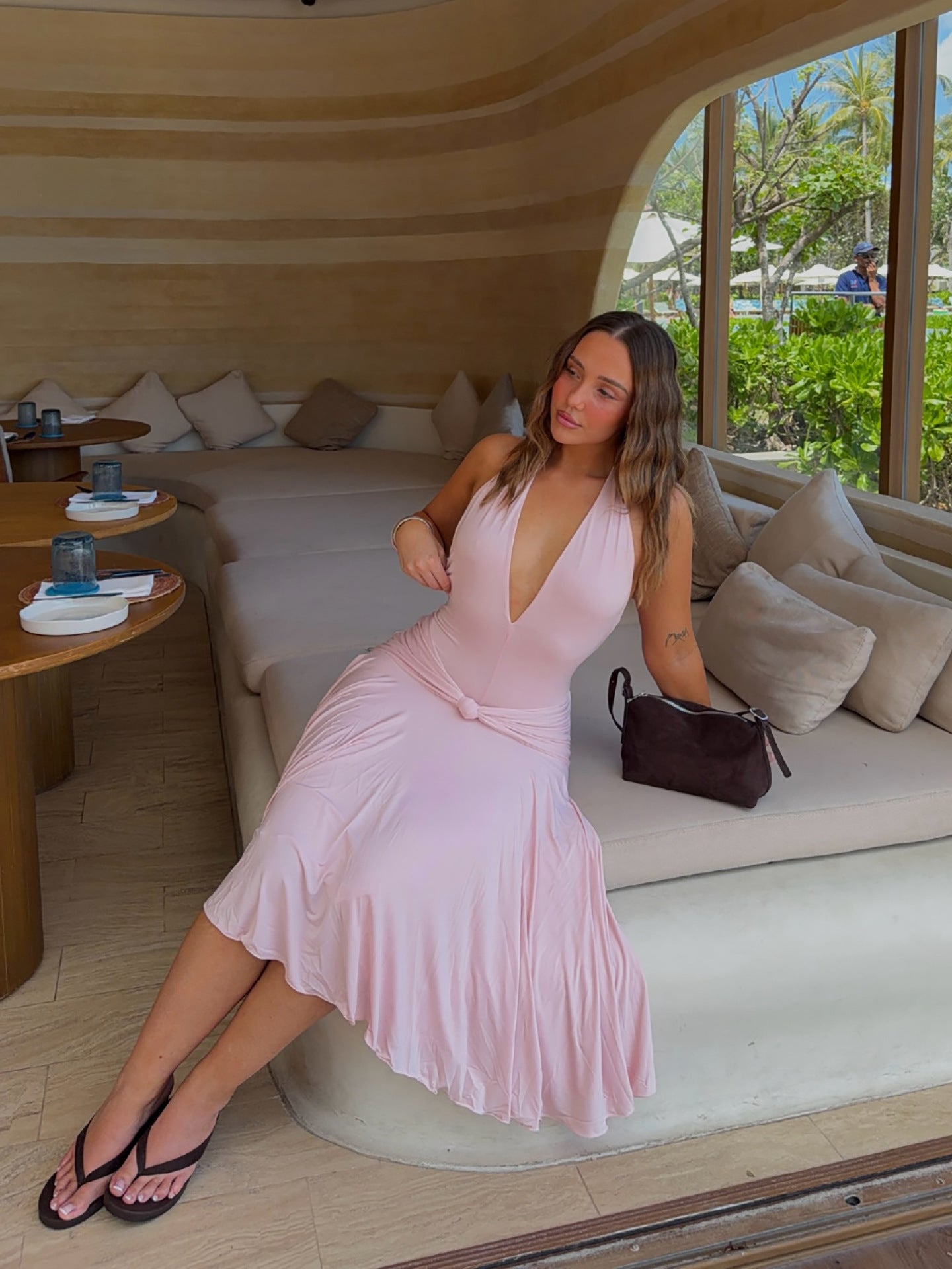 Juliette Blush Pink Plunge Halter Knot Midi Dress