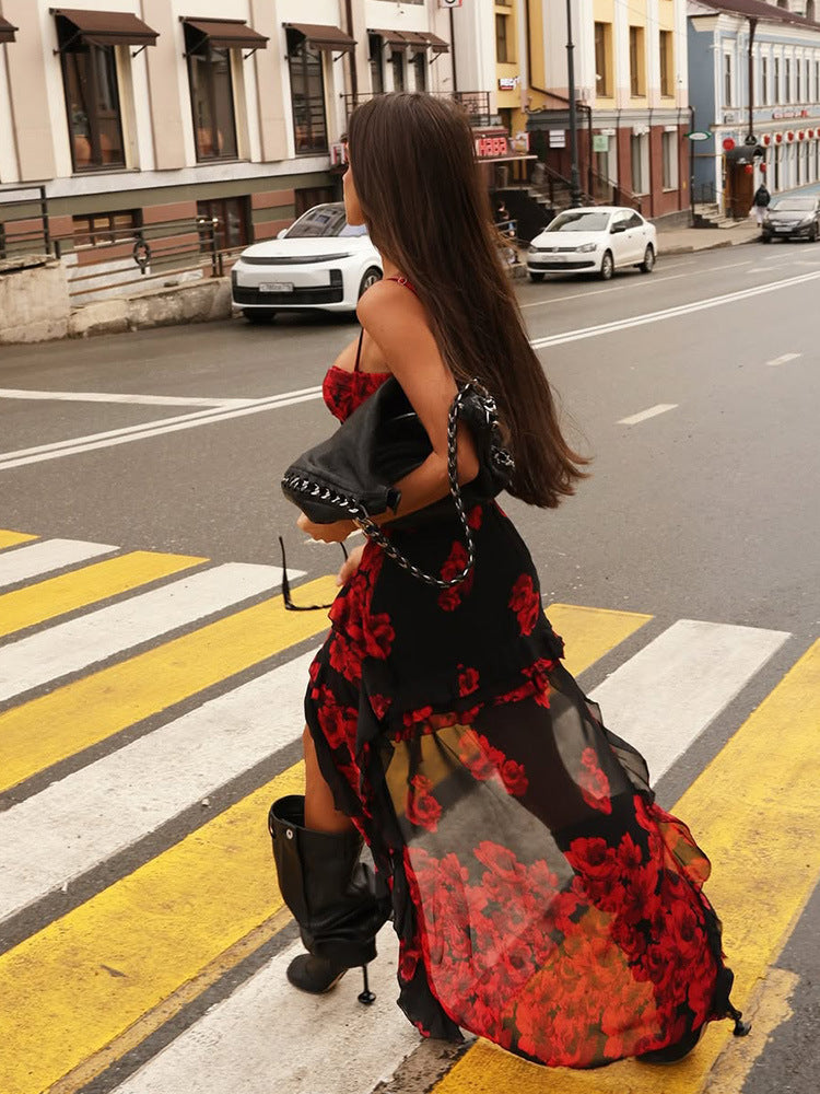 Violetta Red Rose Corset High-Low Maxi Dress