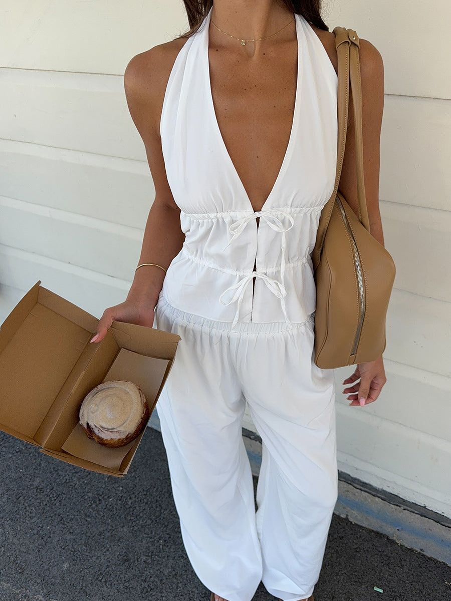 Amélie White Tie-Front Halter Top & Wide-Leg Pants Set
