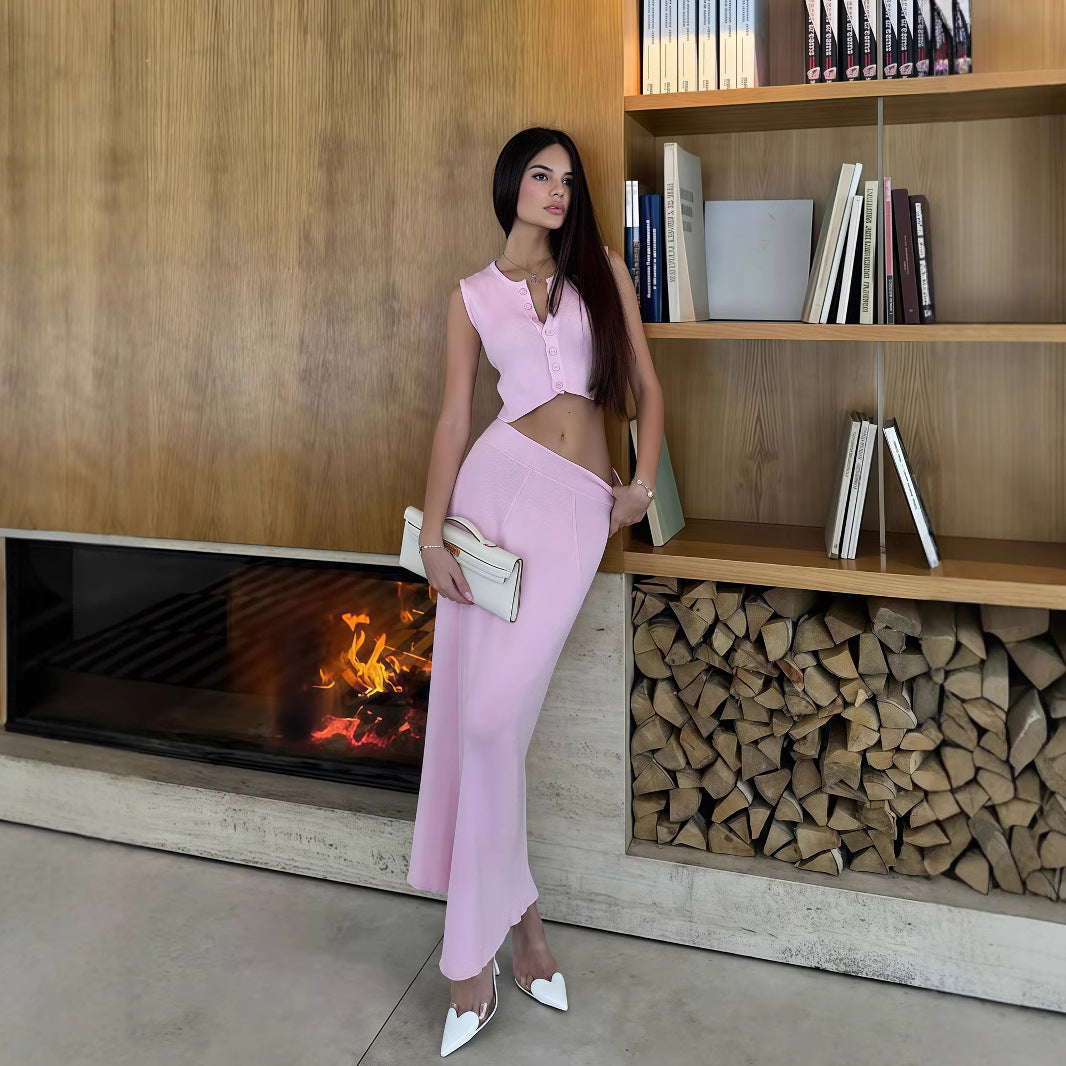 Elodie Blush Pink Button-Front Top & Maxi Skirt Set