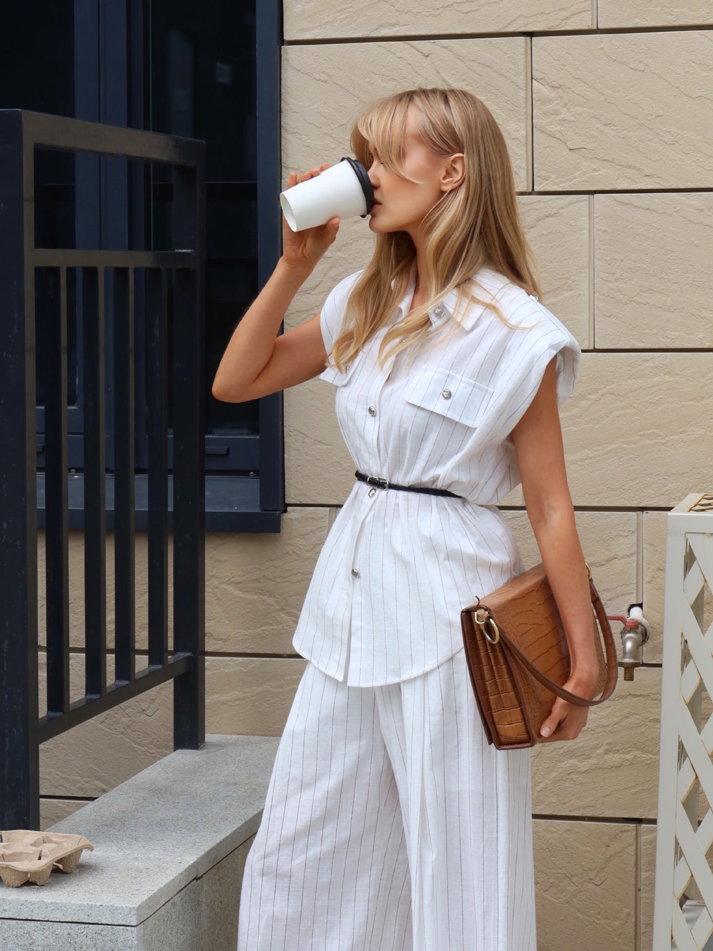 Sloane White Pinstripe Shirt & Wide-Leg Pants Set