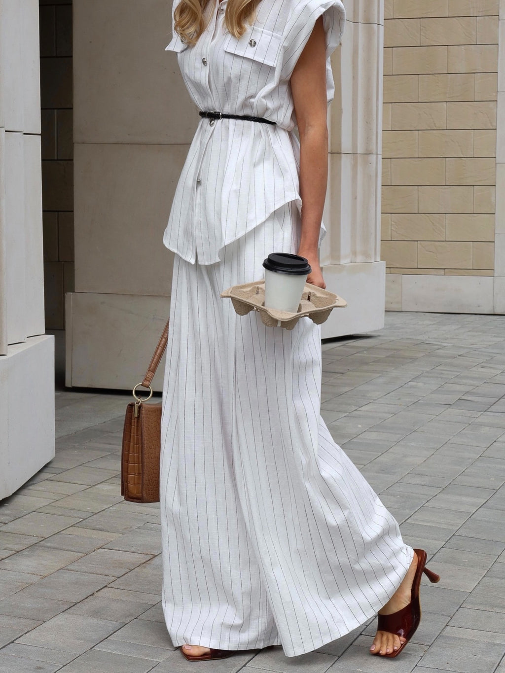 Sloane White Pinstripe Shirt & Wide-Leg Pants Set