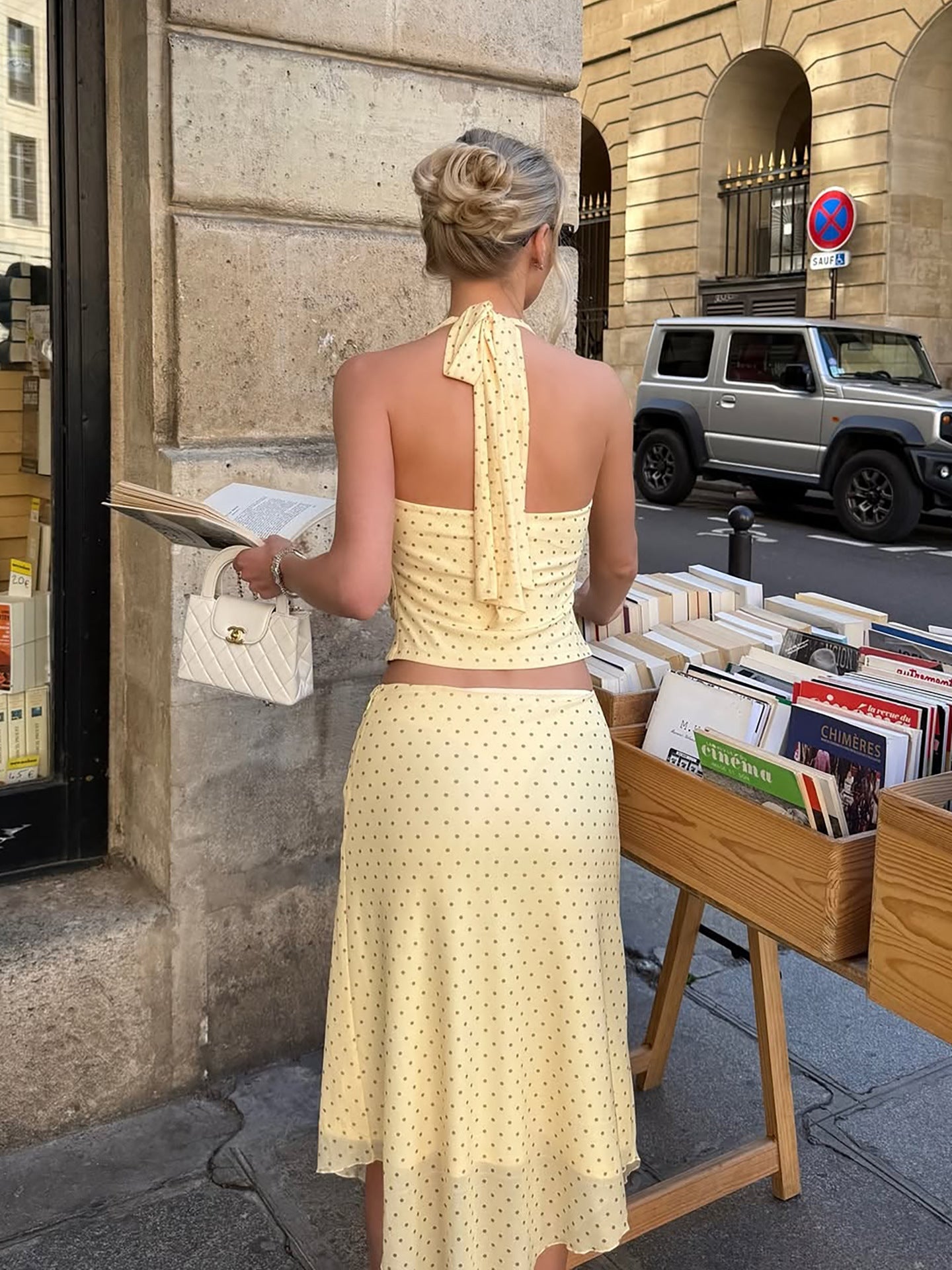 Celine Butter Yellow Polka Dot Halter Top & Midi Skirt Set