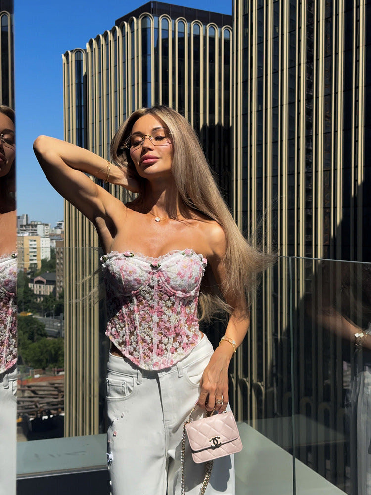 Elowen Floral Embroidered Corset Top - Pink