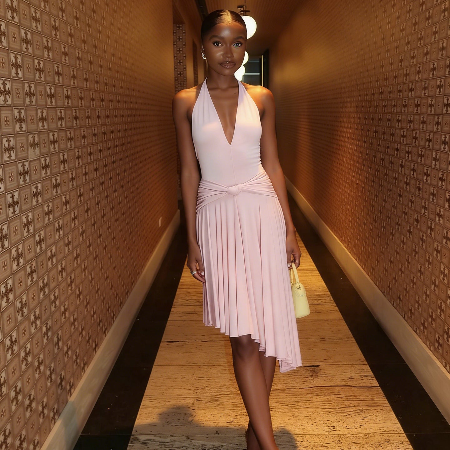 Juliette Blush Pink Plunge Halter Knot Midi Dress