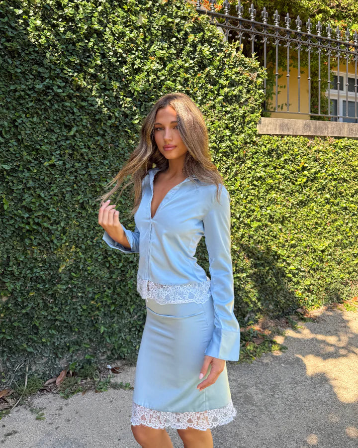 Lucienne Powder Blue Lace-Trim Shirt & Midi Skirt Set