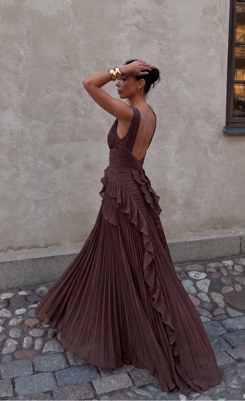 Aveline Pleated Ruffle Open-Back Maxi Dress - Brown
