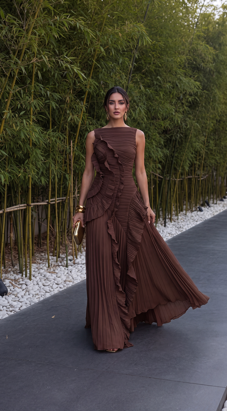 Aveline Pleated Ruffle Open-Back Maxi Dress