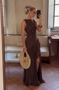 Aveline Pleated Ruffle Open-Back Maxi Dress - Brown