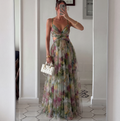Paloma Watercolor Floral Lace-Up Chiffon Maxi Dress - Olive Floral