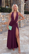 Delphine Plunge Ruched Halter Slit Maxi Dress - Plum