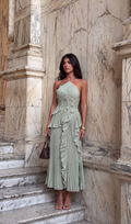 Eloise Pleated Ruffle Halter Maxi Dress - Sage