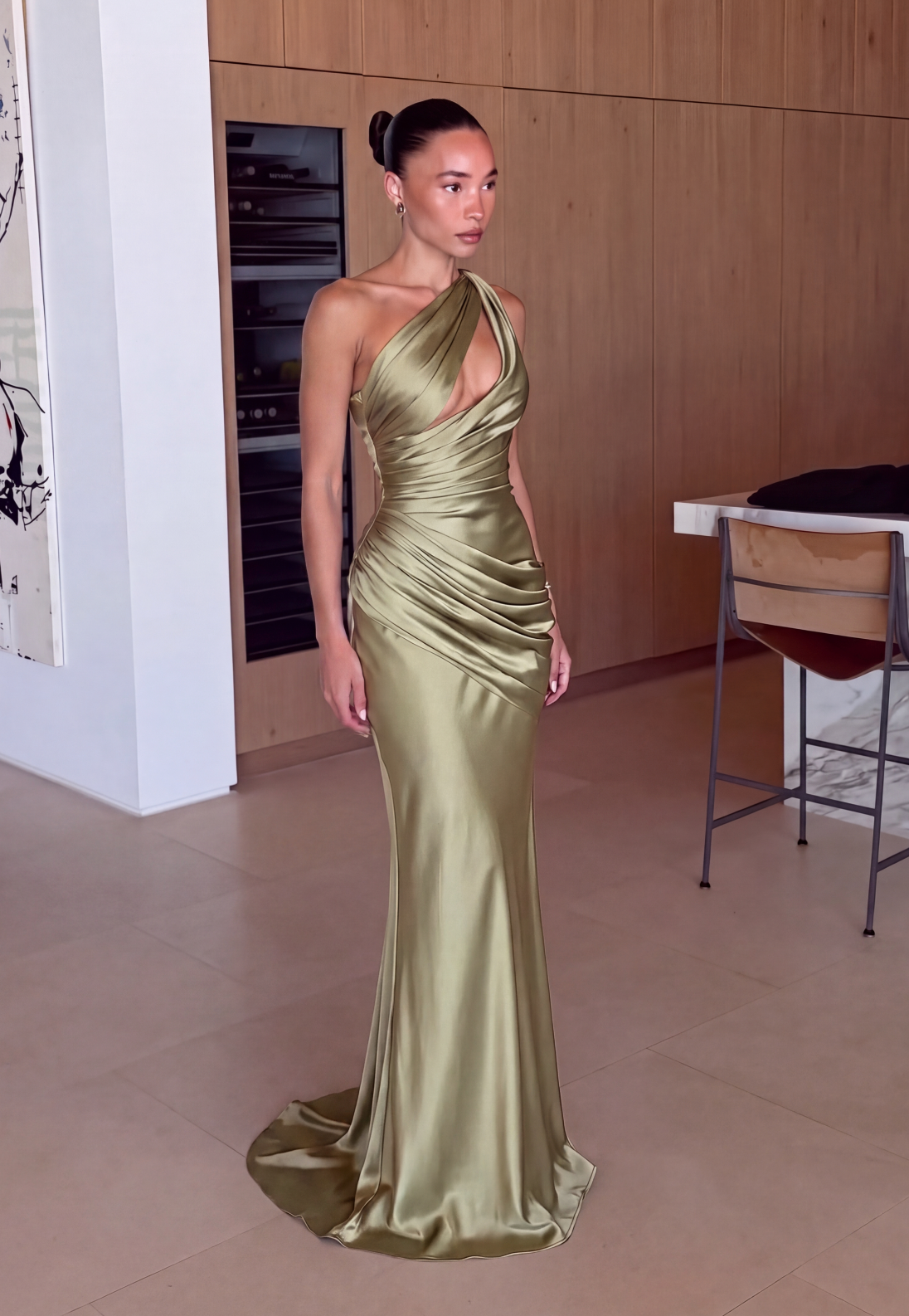 Sorella One-Shoulder Draped Satin Maxi Dress - Olive