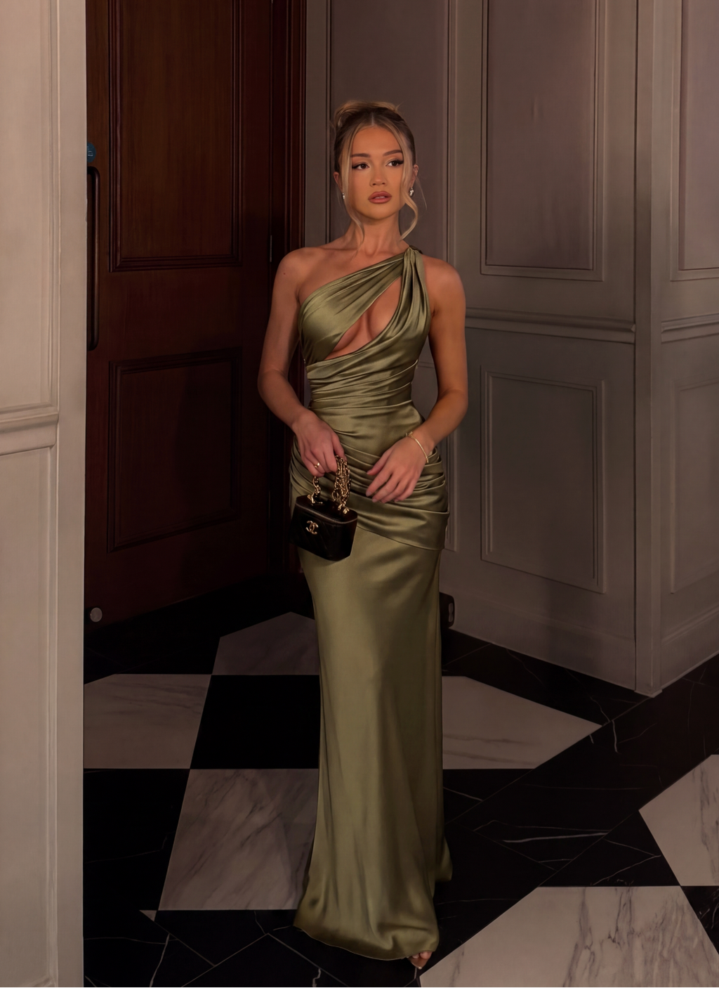 Sorella One-Shoulder Draped Satin Maxi Dress - Olive