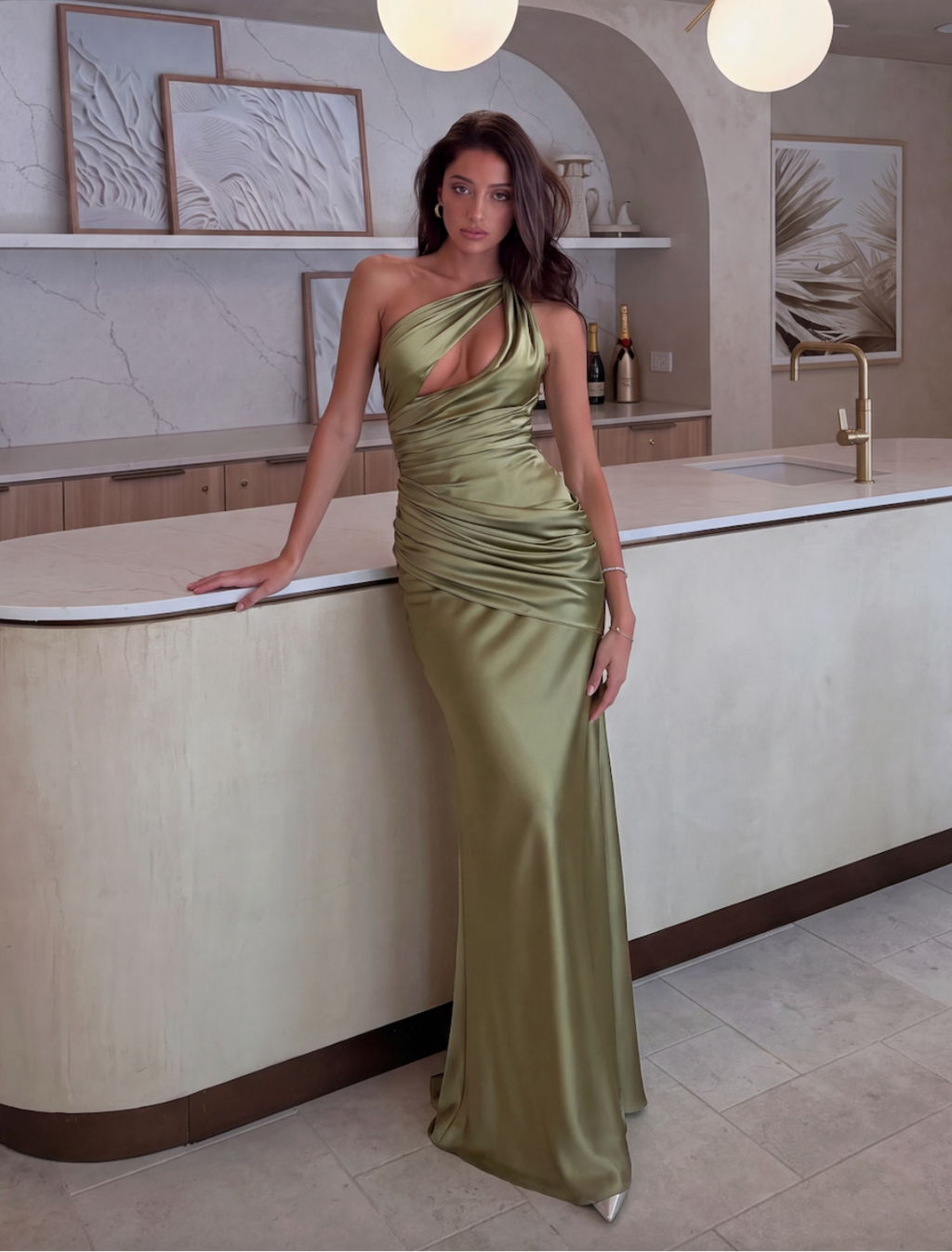 Sorella One-Shoulder Draped Satin Maxi Dress - Olive
